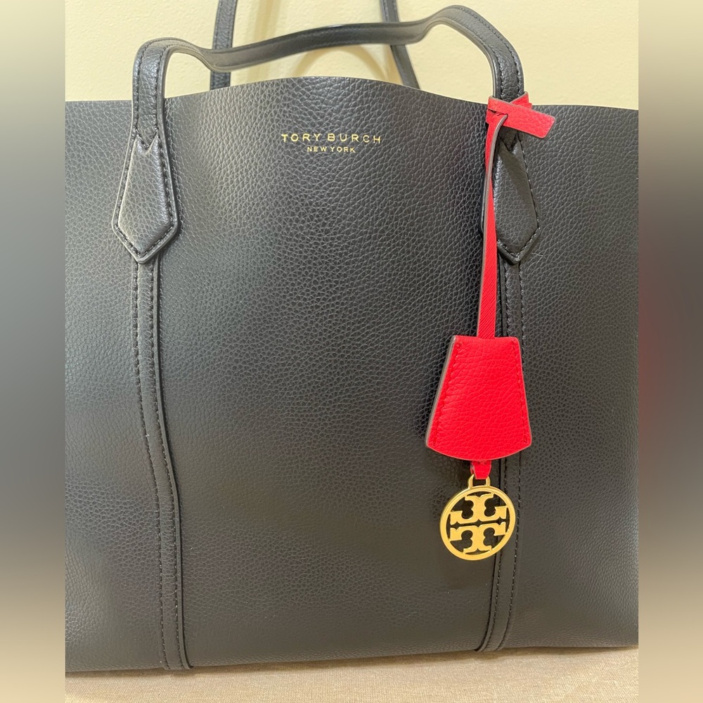 Tory Burch Perry Black Tote Bag with Red Accent - Picture 2 of 12